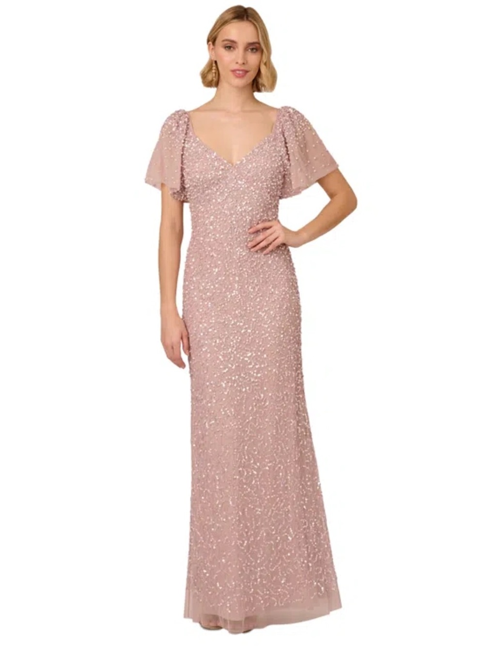 Adrianna Papell SZ 8 Blush Pink Beaded Sequin Pearl Flutter Sleeve Gown NWT GALA